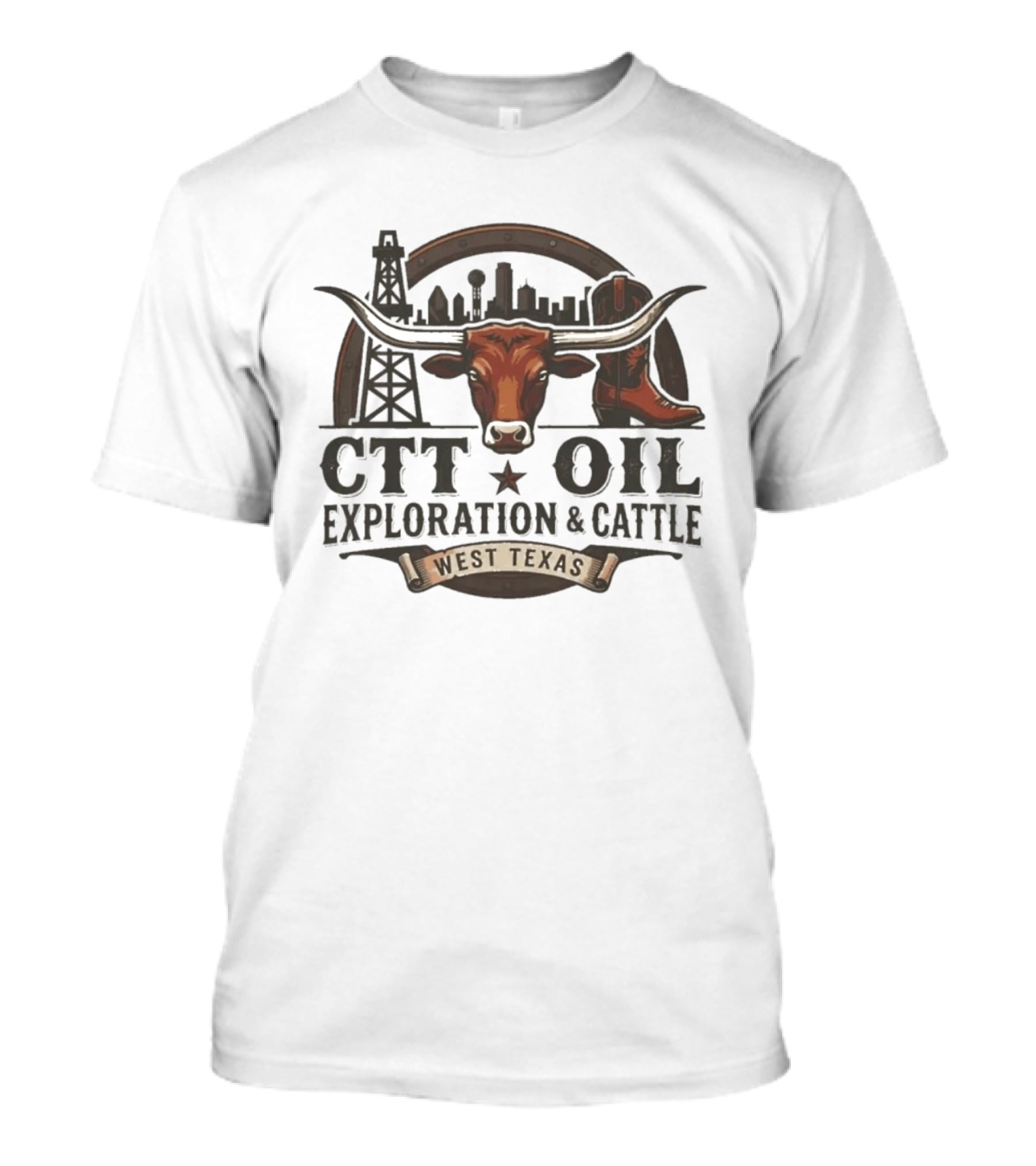 CTT Oil Exploration And Cattle Longhorn West Texas Oilfield Skyline Cowboys T-Shirt