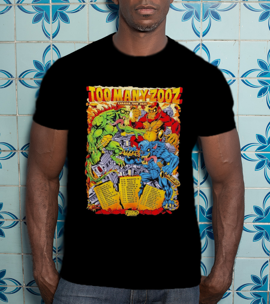 Too Many Zooz Caravan Tour 2025 Cities Monster Theme Music Band T-Shirt