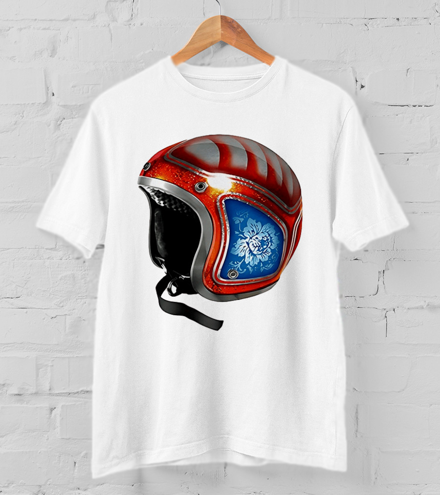 Blue Bloom Racer Helmet Red White Stripes Floral Blossom T-Shirt