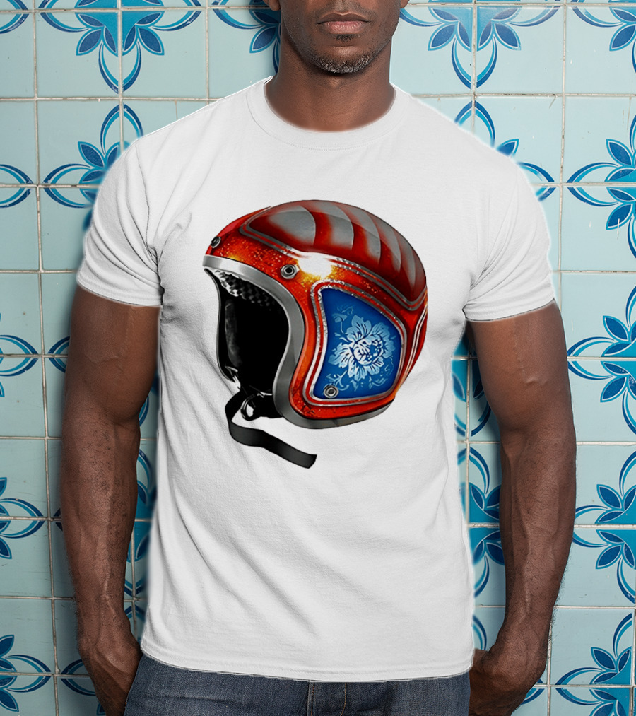 Blue Bloom Racer Helmet Red White Stripes Floral Blossom T-Shirt
