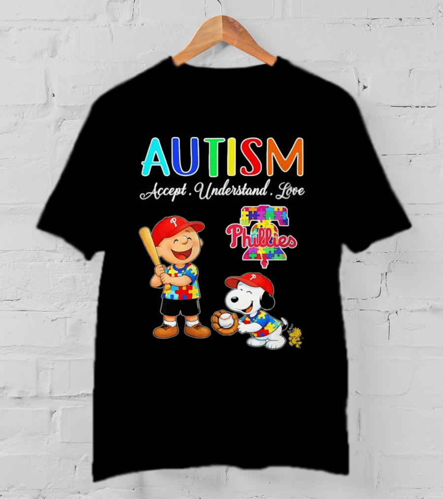 Charlie Brown Snoopy Philadelphia Phillies Autism Awareness Puzzle Piece Accept Understand Love T-Shirt