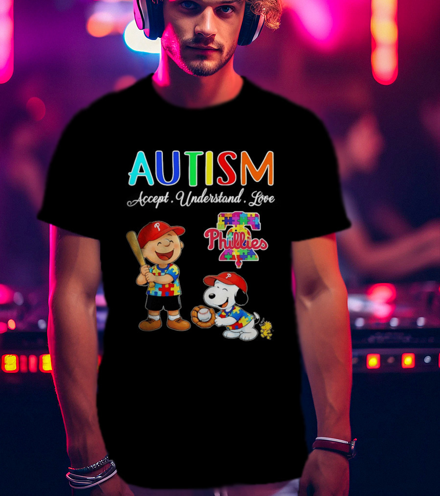 Charlie Brown Snoopy Philadelphia Phillies Autism Awareness Puzzle Piece Accept Understand Love T-Shirt