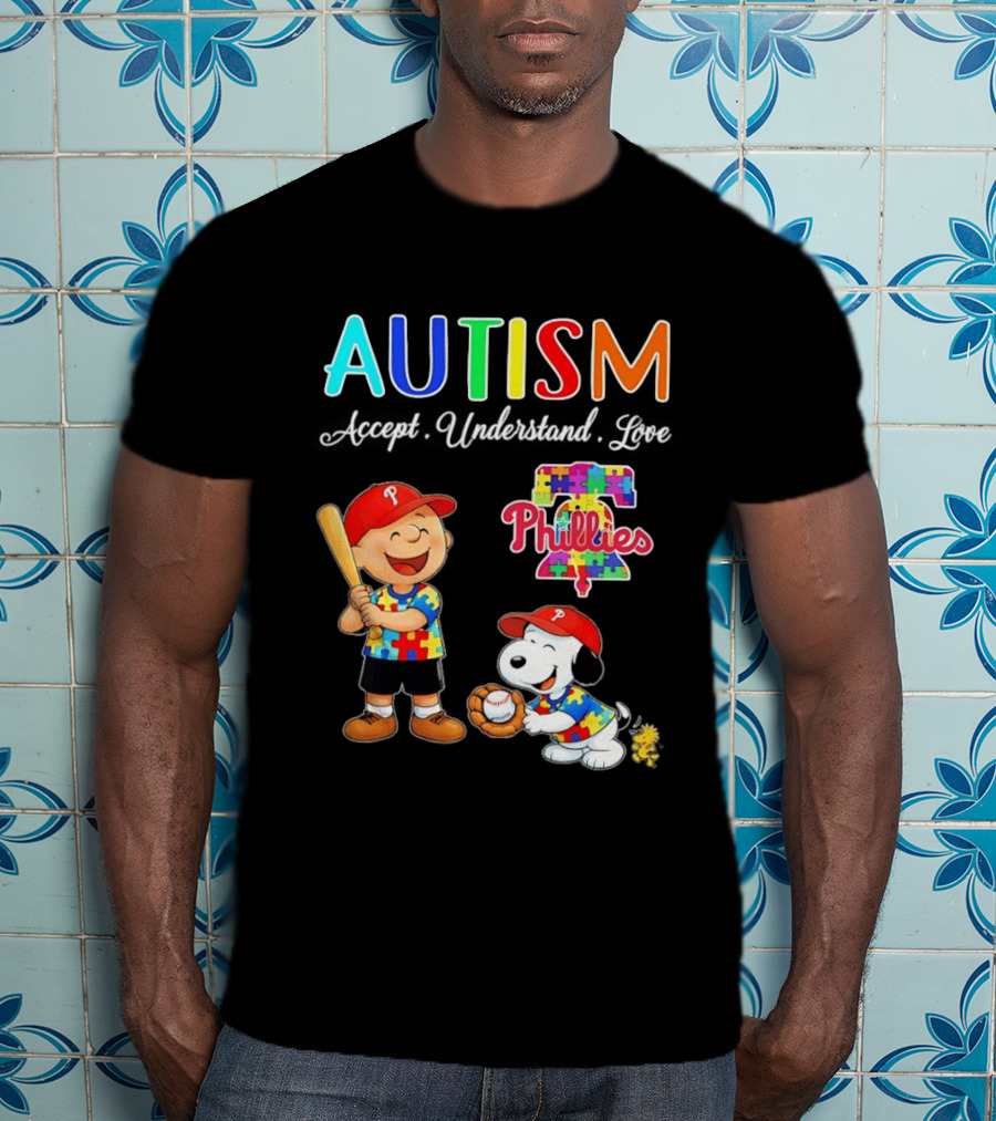 Charlie Brown Snoopy Philadelphia Phillies Autism Awareness Puzzle Piece Accept Understand Love T-Shirt