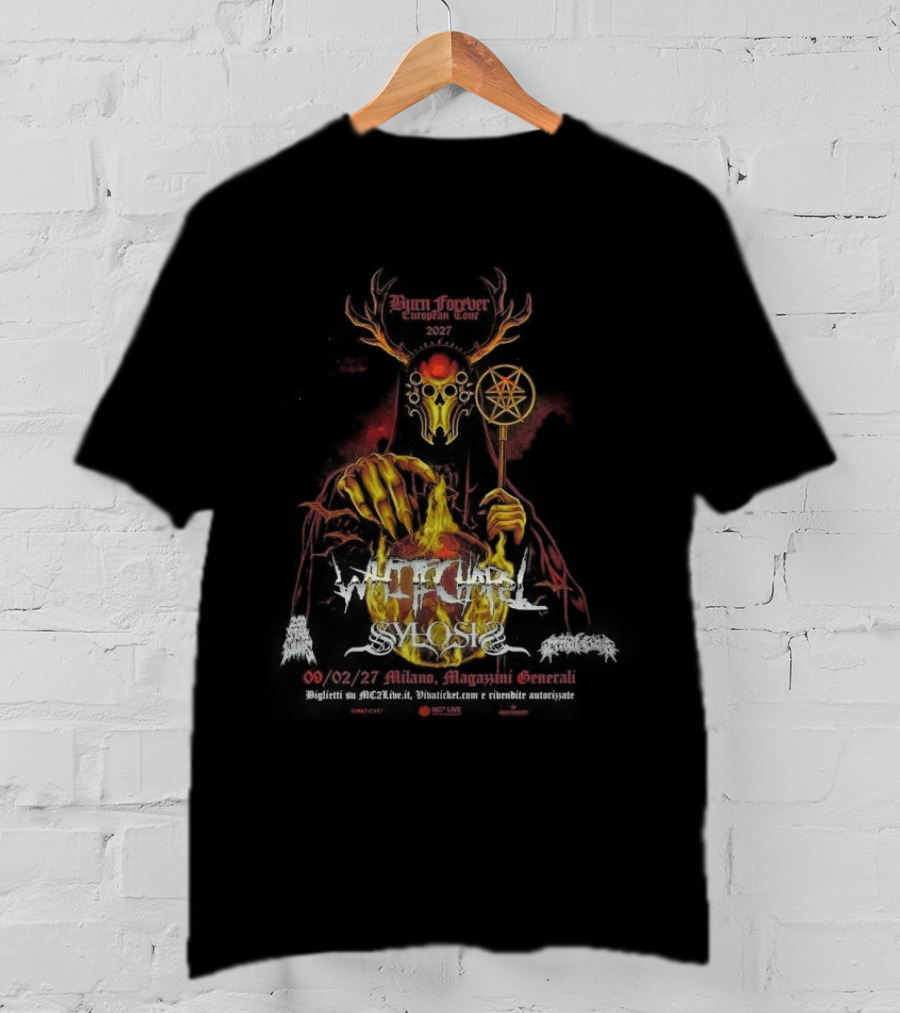 Whitechapel Burn Forever European Tour 2027 Schedule Tour Dates Demon Antlers Flames Cauldron Red Diamond Rod T-Shirt