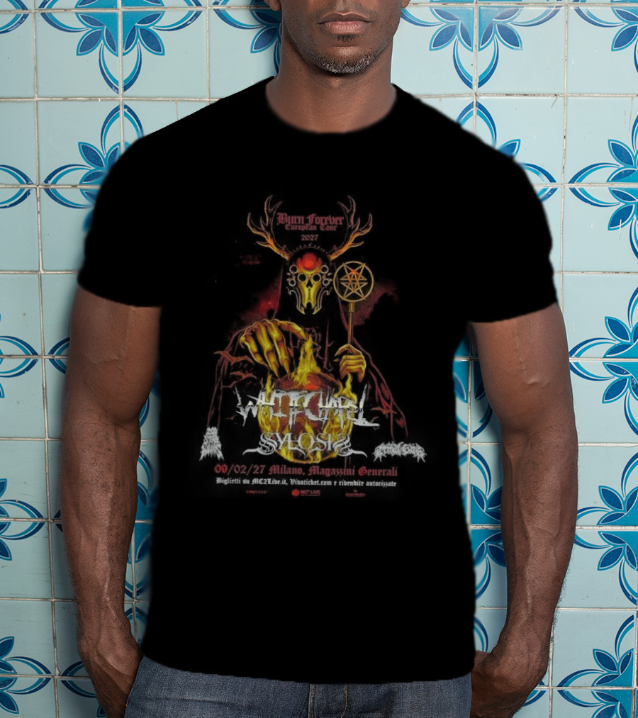 Whitechapel Burn Forever European Tour 2027 Schedule Tour Dates Demon Antlers Flames Cauldron Red Diamond Rod T-Shirt