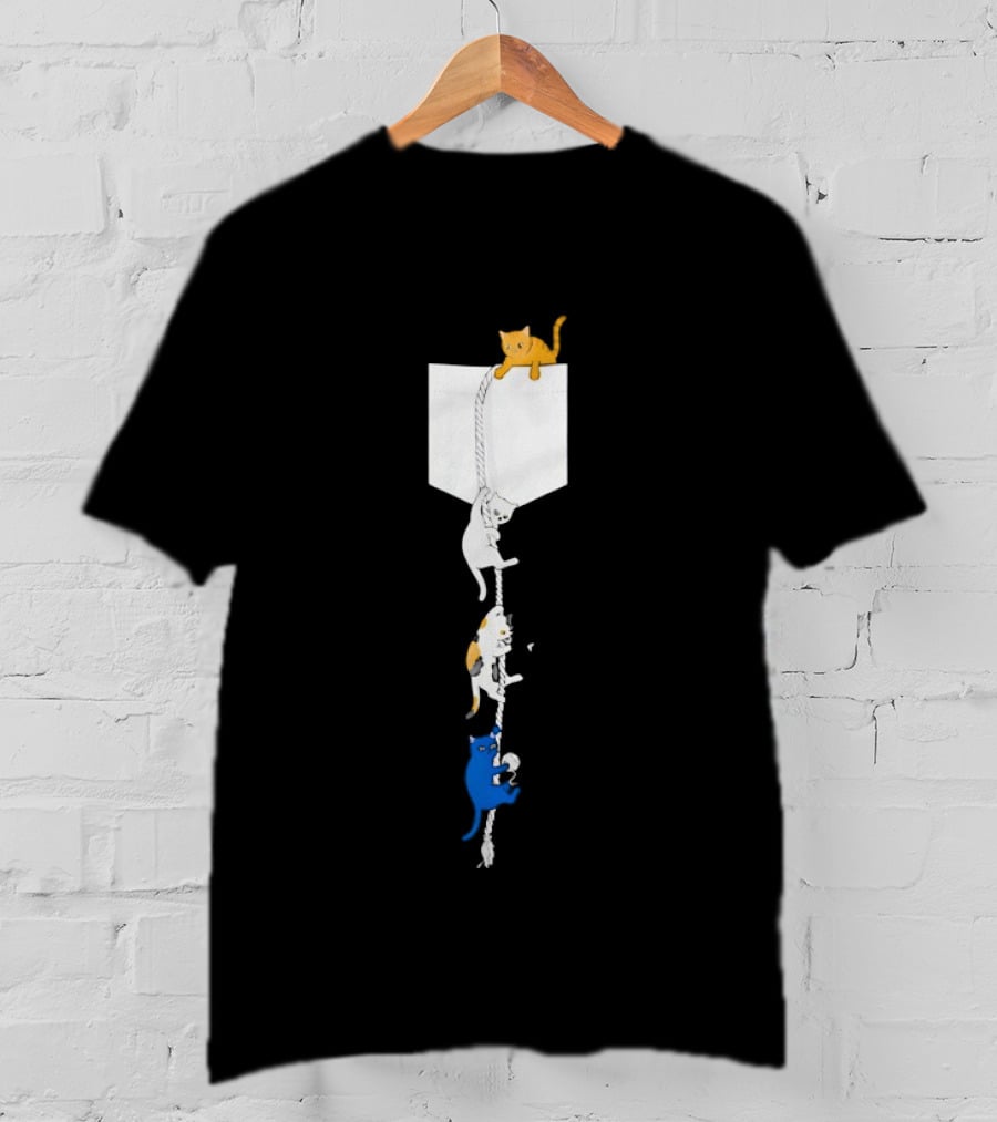 Kittens Climbing Rope From Pocket Whimsical Cat Adventure T-Shirt