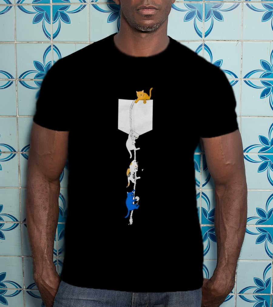 Kittens Climbing Rope From Pocket Whimsical Cat Adventure T-Shirt