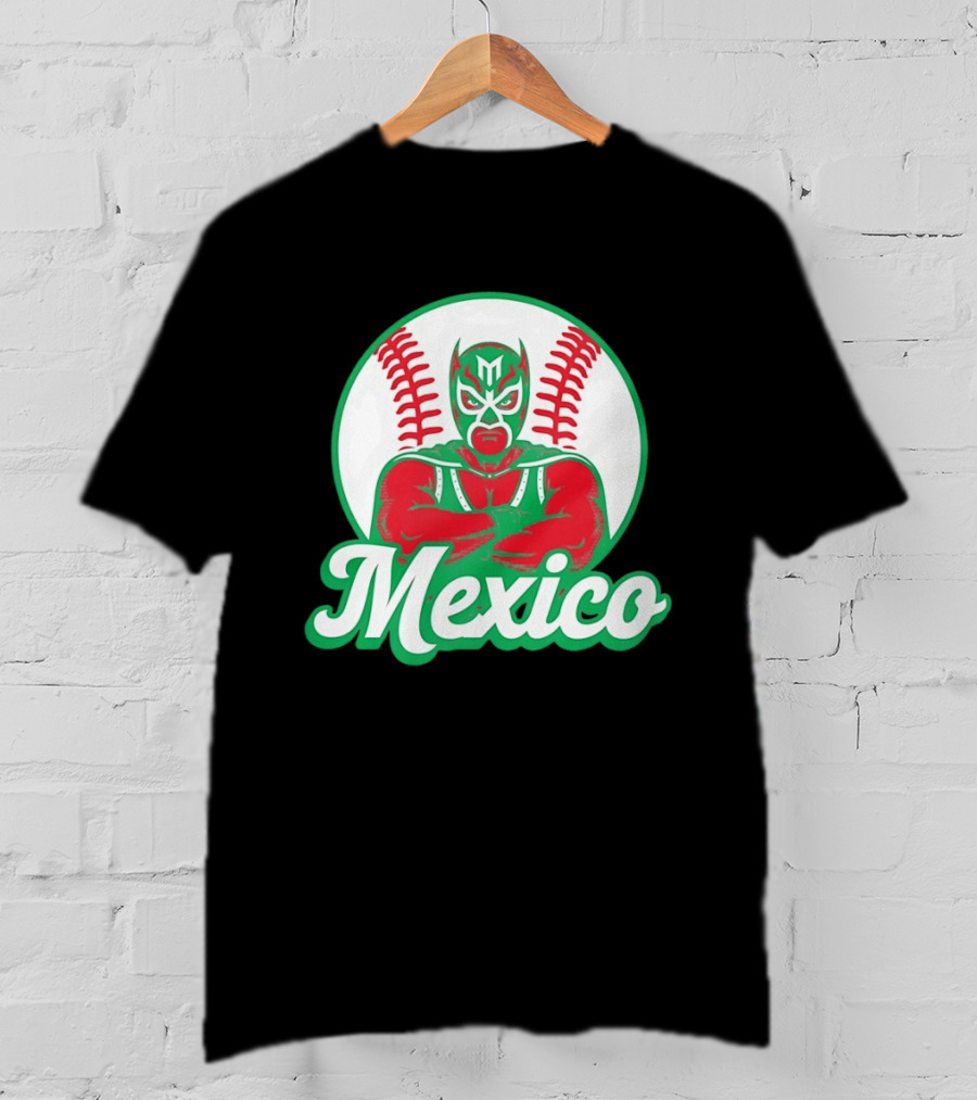 Mexico Luchador Baseball Mask Icon With Arms Crossed In Front Of Baseball Stitch T-Shirt