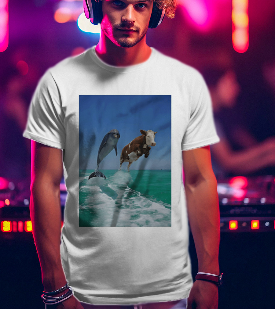 Cow And Dolphin Jumping Out Of Water Ocean Adventure T-Shirt