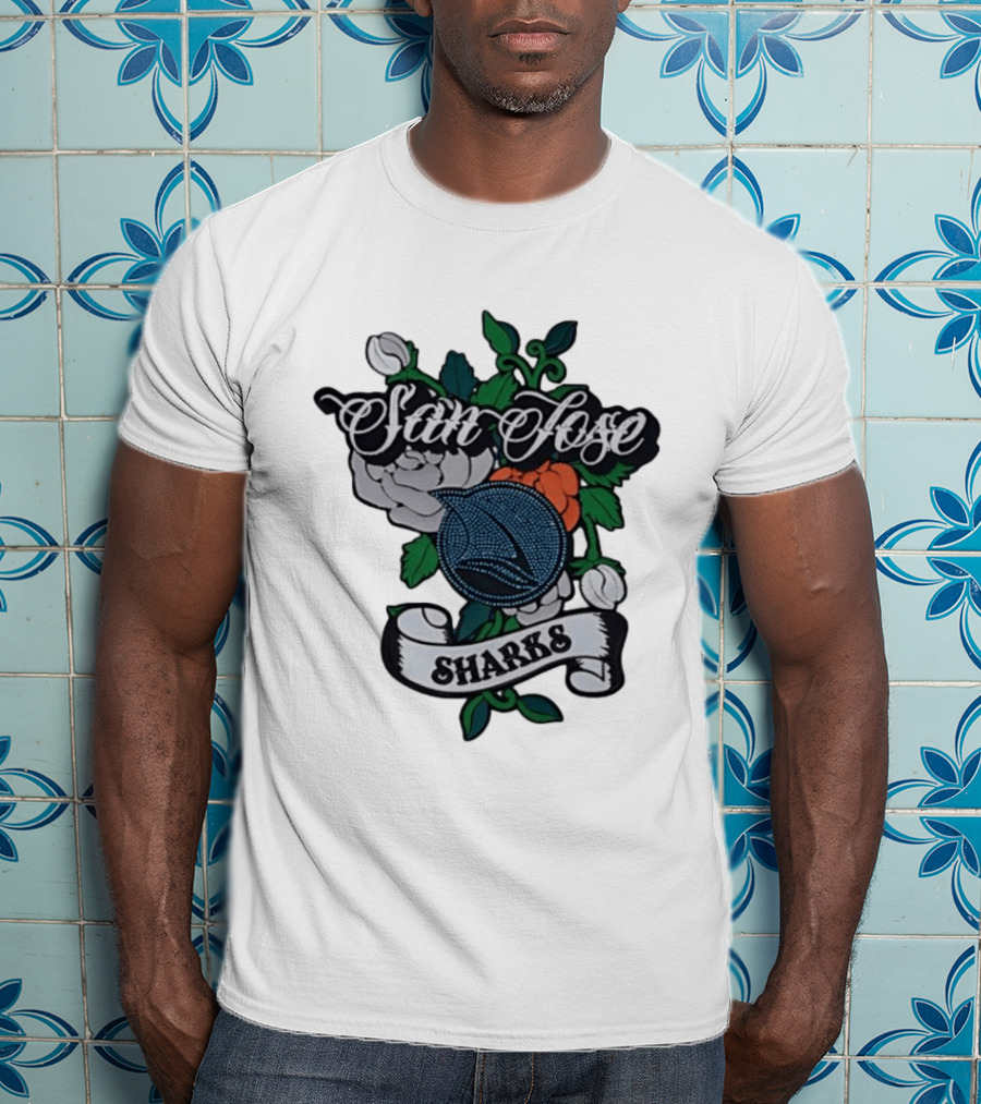 San Jose Sharks Floral Tattoo Style Team T-Shirt