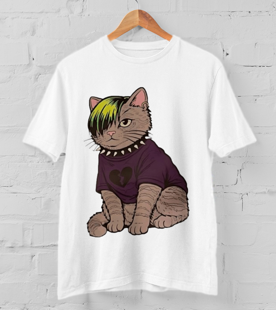 Emo Scene Cat With Heart Break Symbol And Spiked Collar T-Shirt