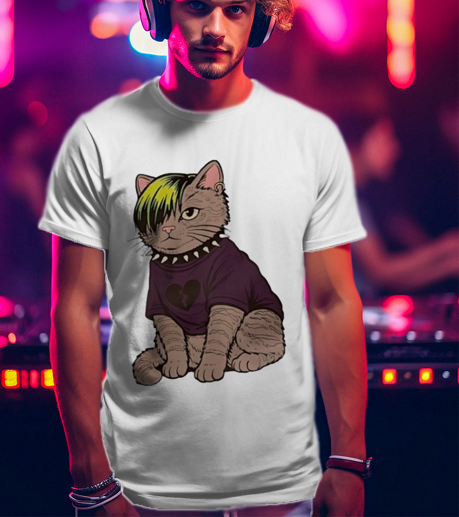 Emo Scene Cat With Heart Break Symbol And Spiked Collar T-Shirt