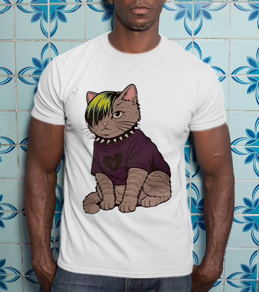 Emo Scene Cat With Heart Break Symbol And Spiked Collar T-Shirt