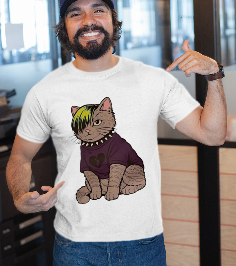Emo Scene Cat With Heart Break Symbol And Spiked Collar T-Shirt