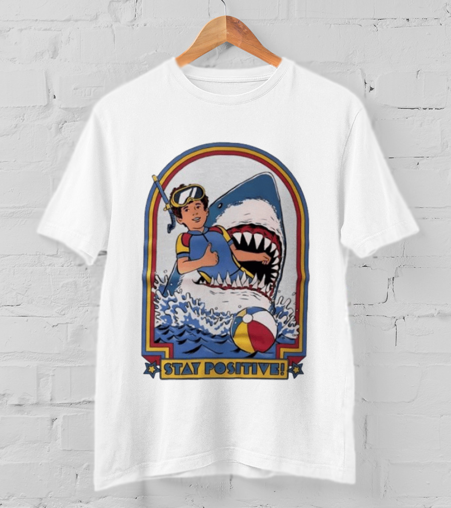 Stay Positive Scuba Boy In Great White Shark Mouth With Beach Ball T-Shirt