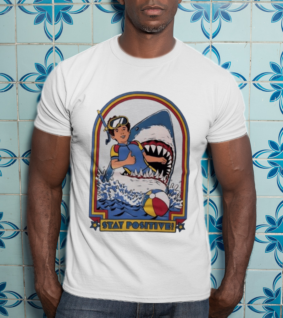 Stay Positive Scuba Boy In Great White Shark Mouth With Beach Ball T-Shirt