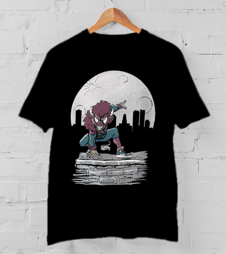 Bison Be A Hero Buffalo Bills Cityscape Dynamic Pose T-Shirt