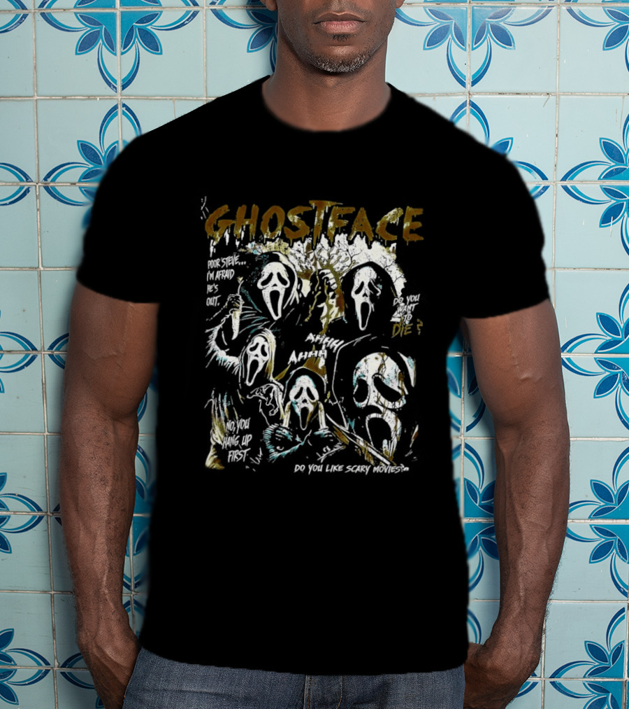 Ghostface Scream Splatter Poor Steve I'm Afraid He's Out T-Shirt