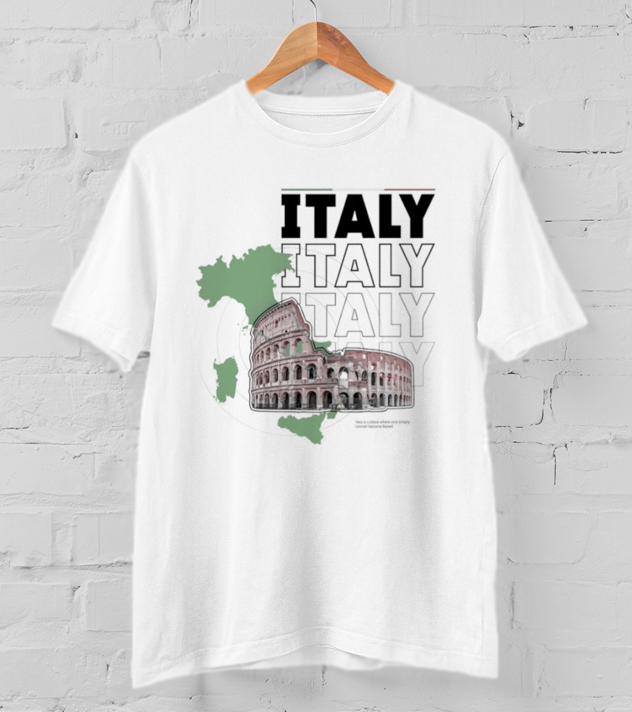 Italy Map And Colosseum Iconic Landmarks Text Heavy Exploration T-Shirt