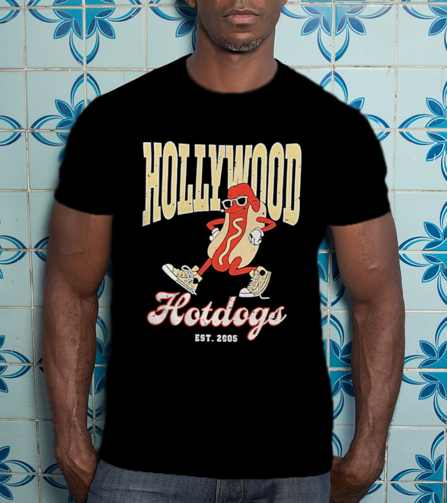 Hollywood Hotdogs Cool Mustard Character With Sunglasses Est 2005 T-Shirt