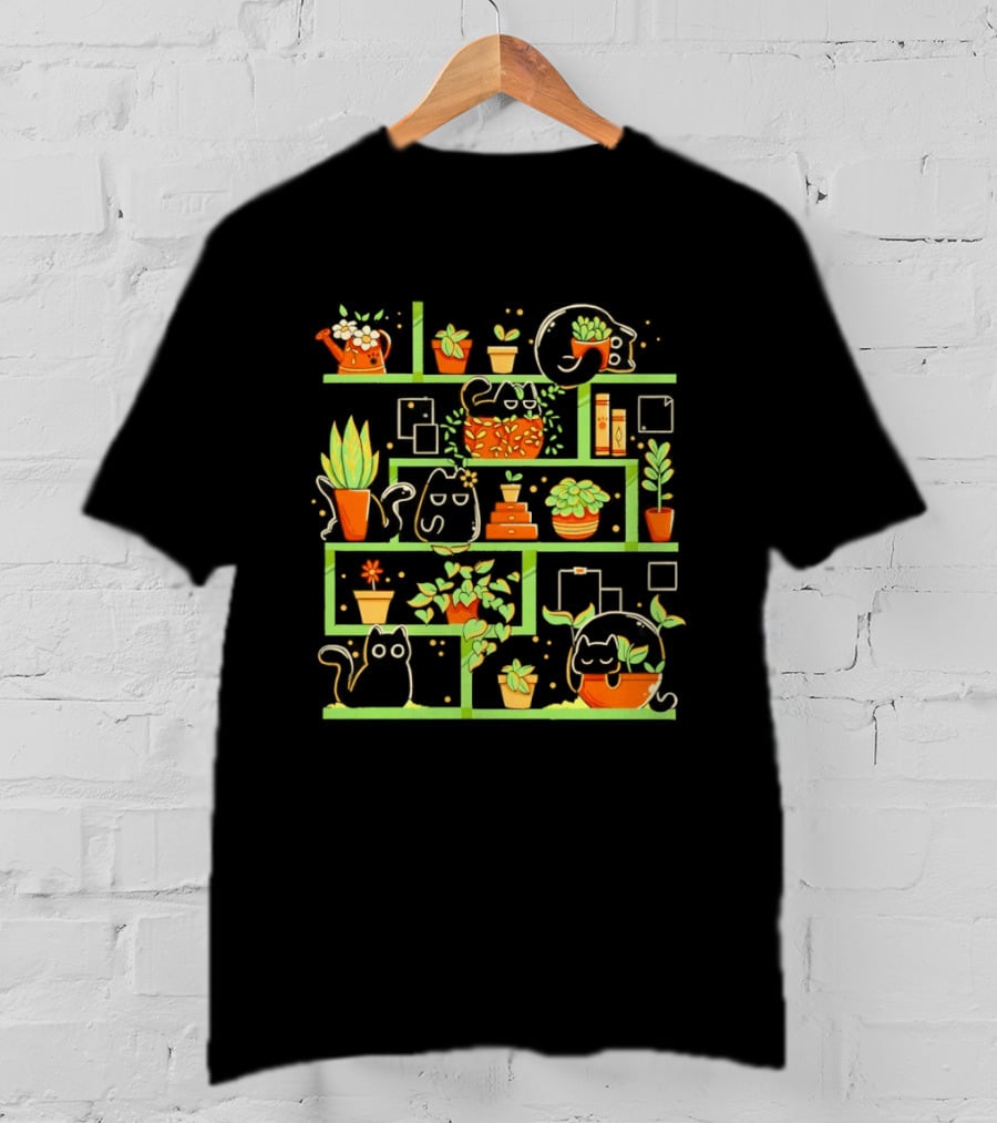 Kitten Garden Shelving With Plants And Teapots T-Shirt