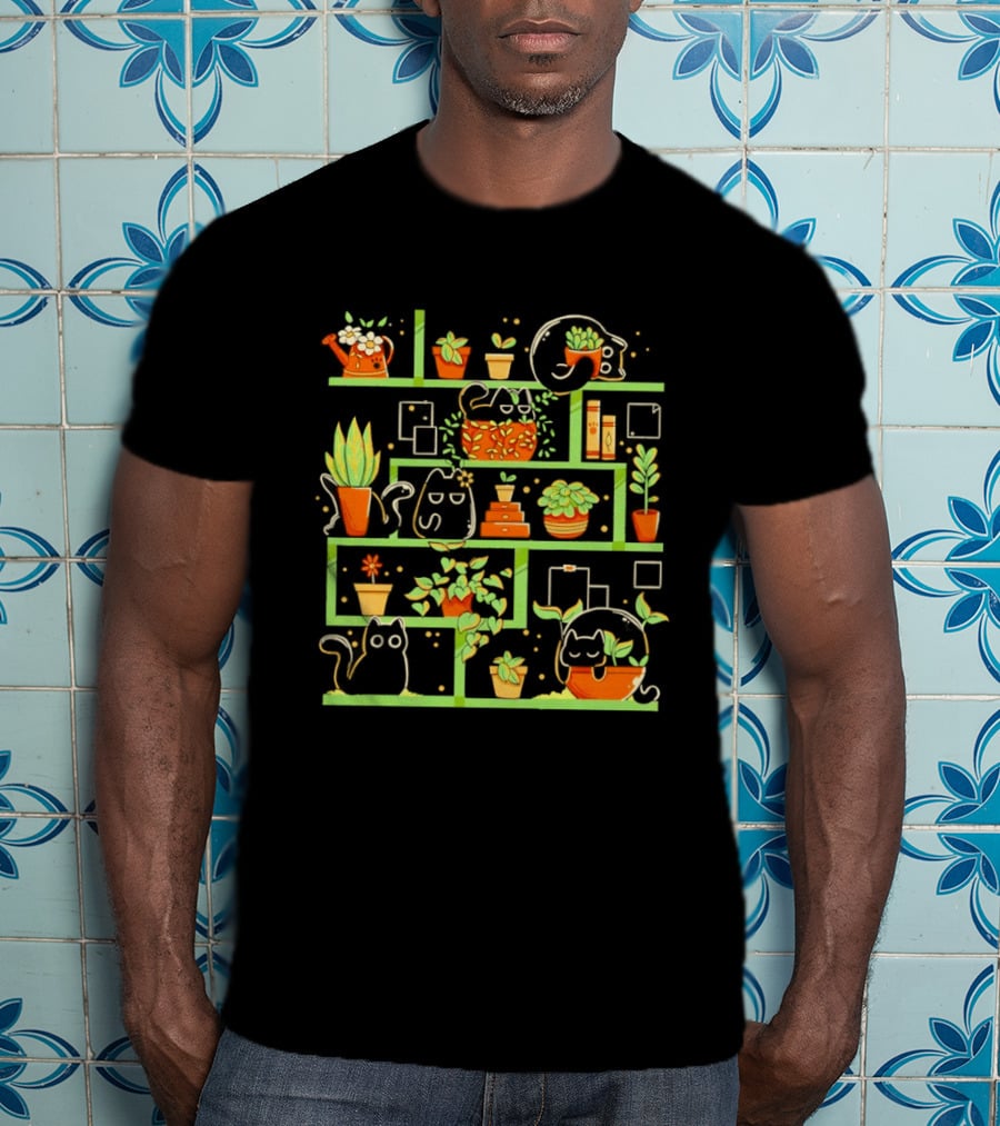 Kitten Garden Shelving With Plants And Teapots T-Shirt