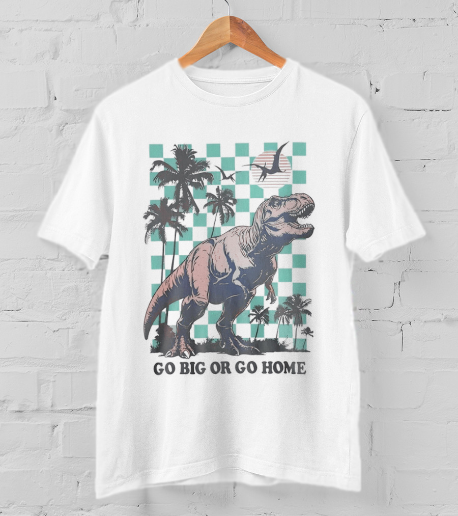 Tyrannosaurus Rex Go Big Or Go Home Palm Trees Checkerboard Sunset T-Shirt