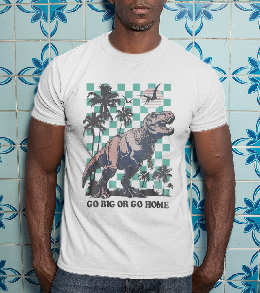 Tyrannosaurus Rex Go Big Or Go Home Palm Trees Checkerboard Sunset T-Shirt