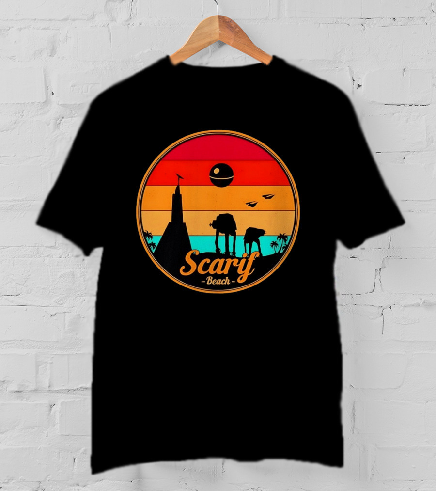 Scarif Beach Sunset With AT ACT Walkers And Death Star T-Shirt