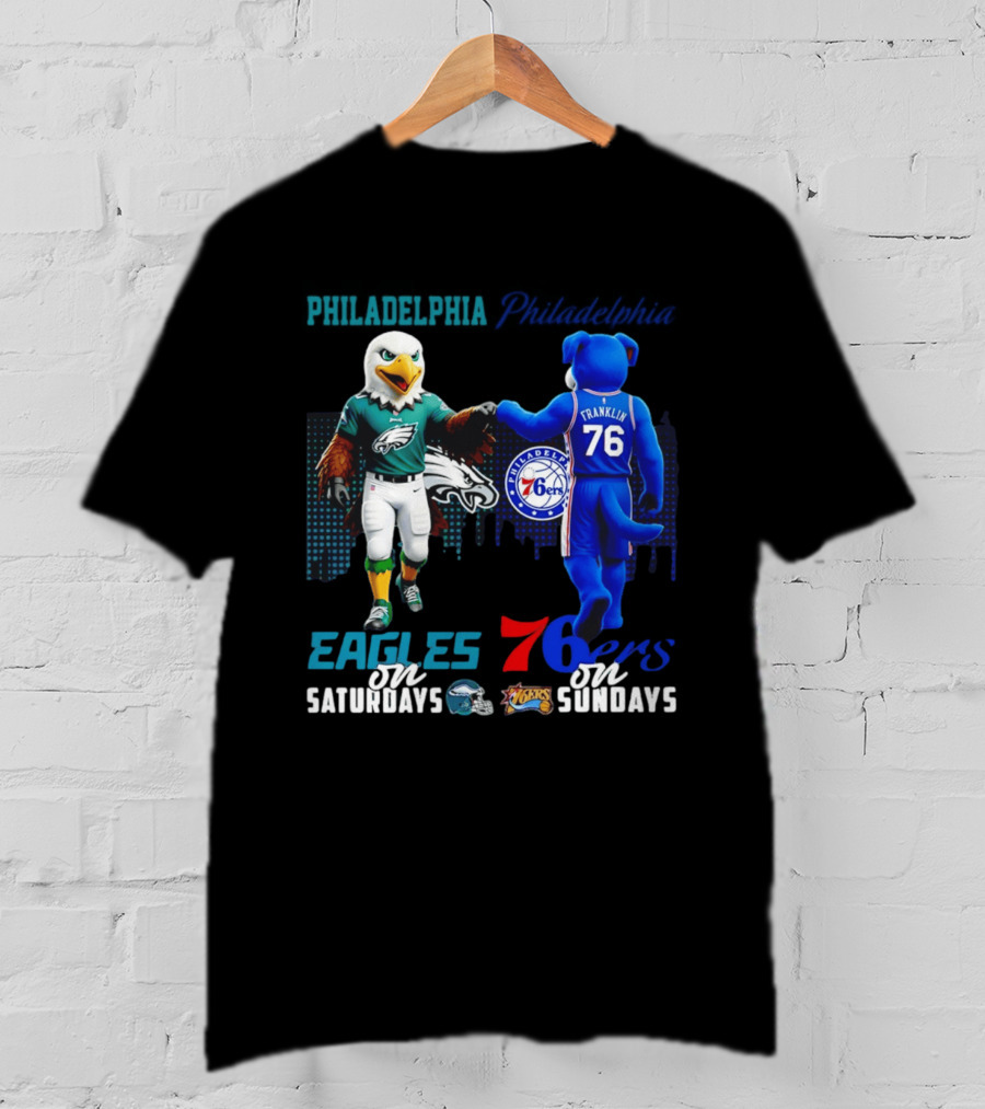 Philadelphia Eagles Vs 76ers Franklin Mascots Saturdays Sundays City Skyline T-Shirt