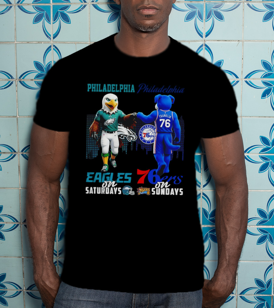 Philadelphia Eagles Vs 76ers Franklin Mascots Saturdays Sundays City Skyline T-Shirt
