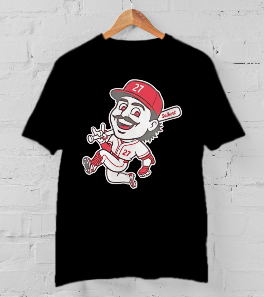 Cincinnati Reds Sal Stewart Number 27 Cartoon Player With Salbert Bat T-Shirt