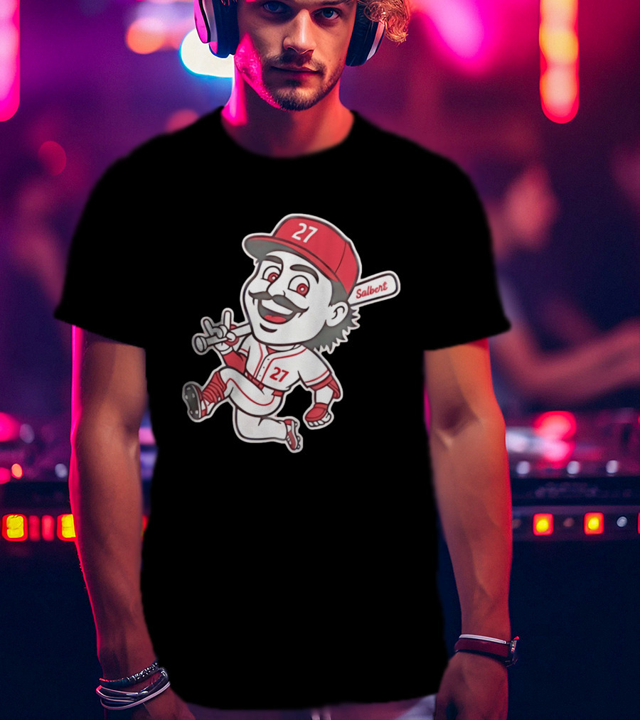 Cincinnati Reds Sal Stewart Number 27 Cartoon Player With Salbert Bat T-Shirt