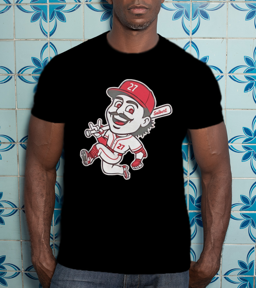 Cincinnati Reds Sal Stewart Number 27 Cartoon Player With Salbert Bat T-Shirt