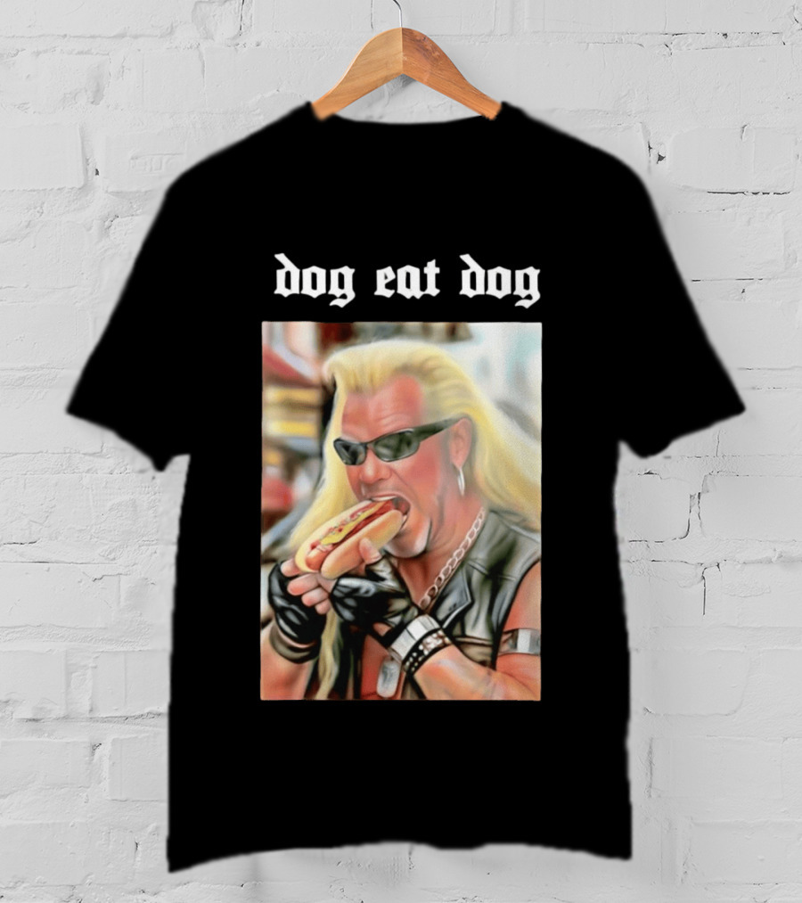 Dog Eat Dog Man Eating Hot Dog Sunglasses Blonde Long Hair T-Shirt