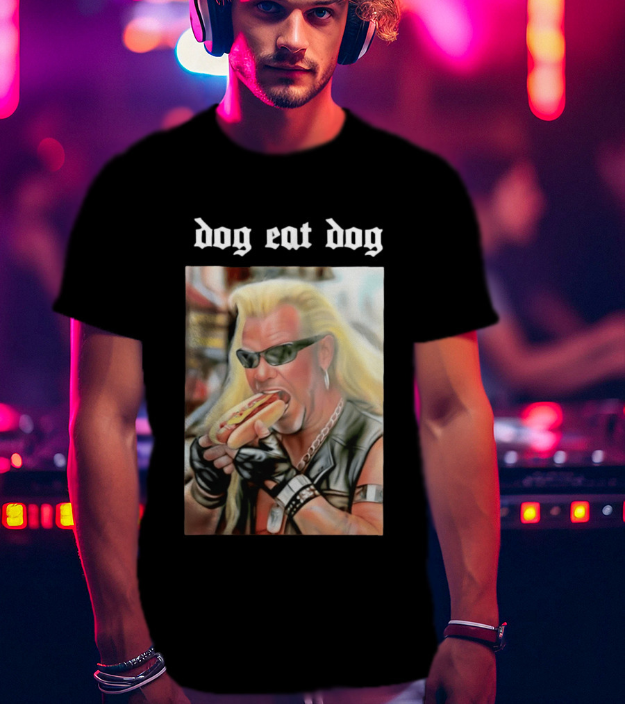 Dog Eat Dog Man Eating Hot Dog Sunglasses Blonde Long Hair T-Shirt