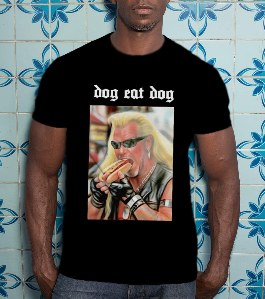 Dog Eat Dog Man Eating Hot Dog Sunglasses Blonde Long Hair T-Shirt