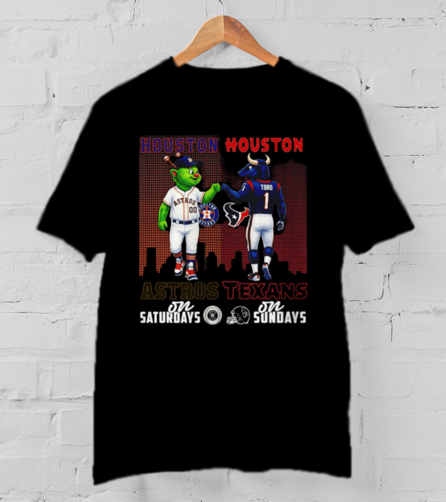 Houston Astros Orbit And Houston Texans Toro Skyline Saturdays Vs Sundays T-Shirt