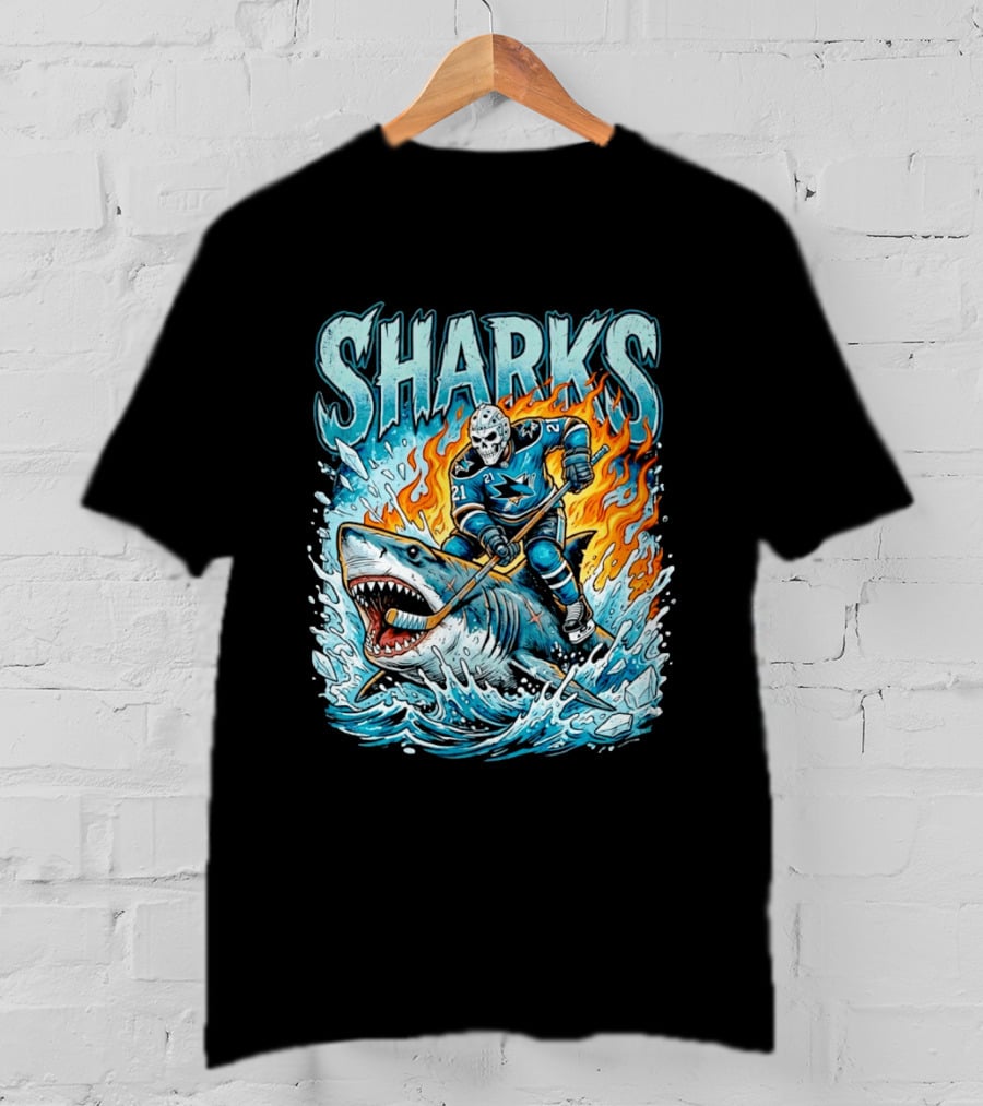 San Jose Sharks Hockey Player Riding Shark With Flames And Ice T-Shirt