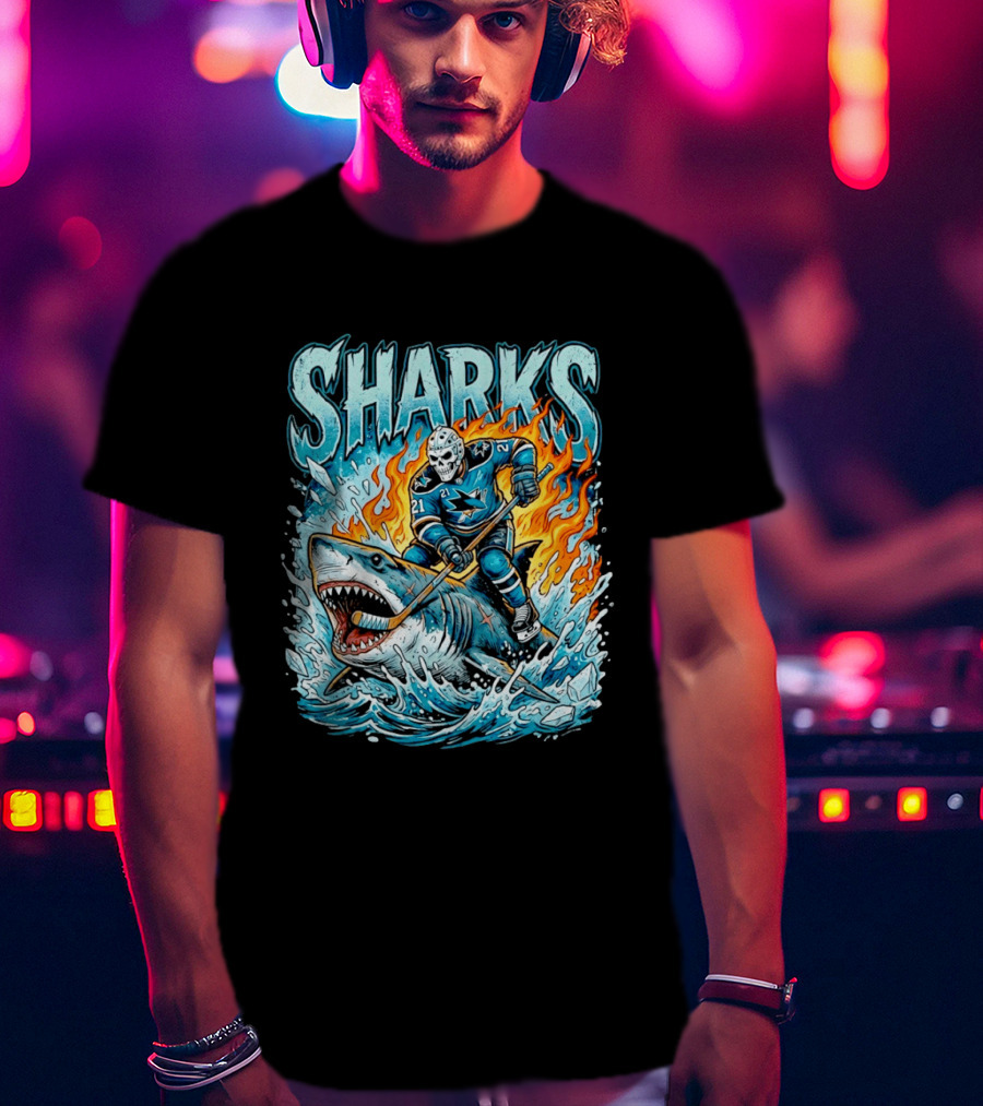San Jose Sharks Hockey Player Riding Shark With Flames And Ice T-Shirt