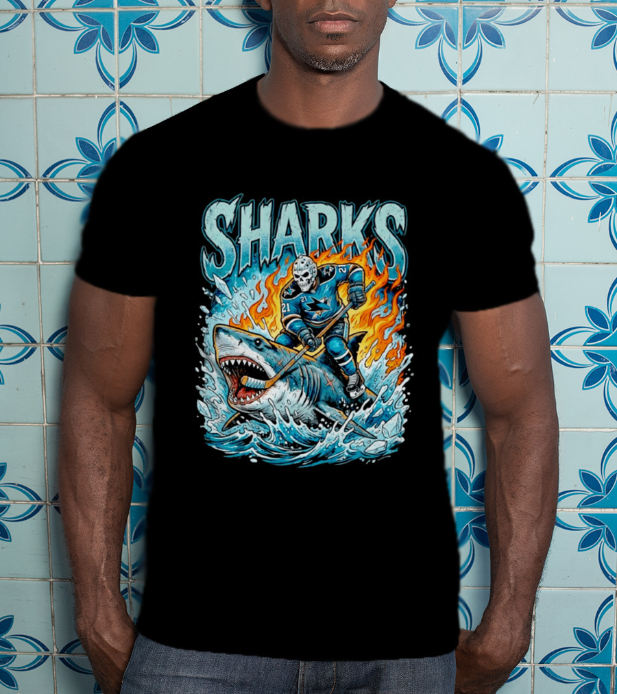 San Jose Sharks Hockey Player Riding Shark With Flames And Ice T-Shirt