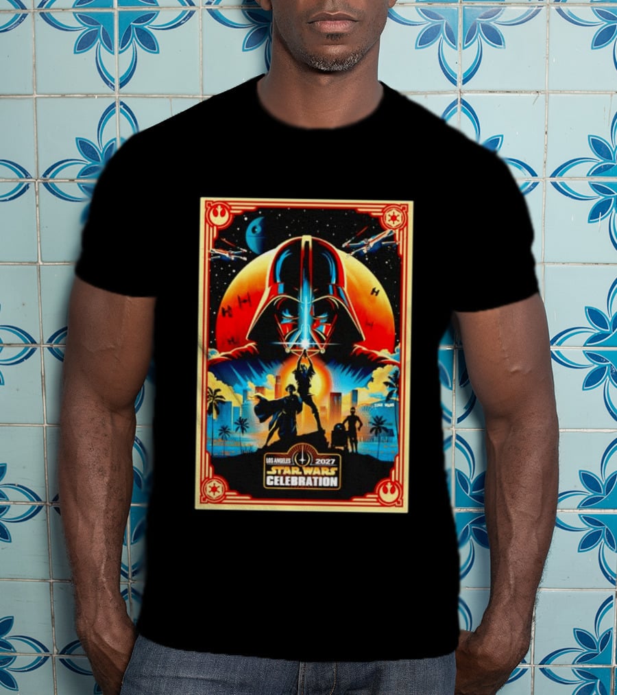 Star Wars Celebration Los Angeles 2027 50th Anniversary Darth Vader Millennium Falcon TIE Fighters X Wings T-Shirt