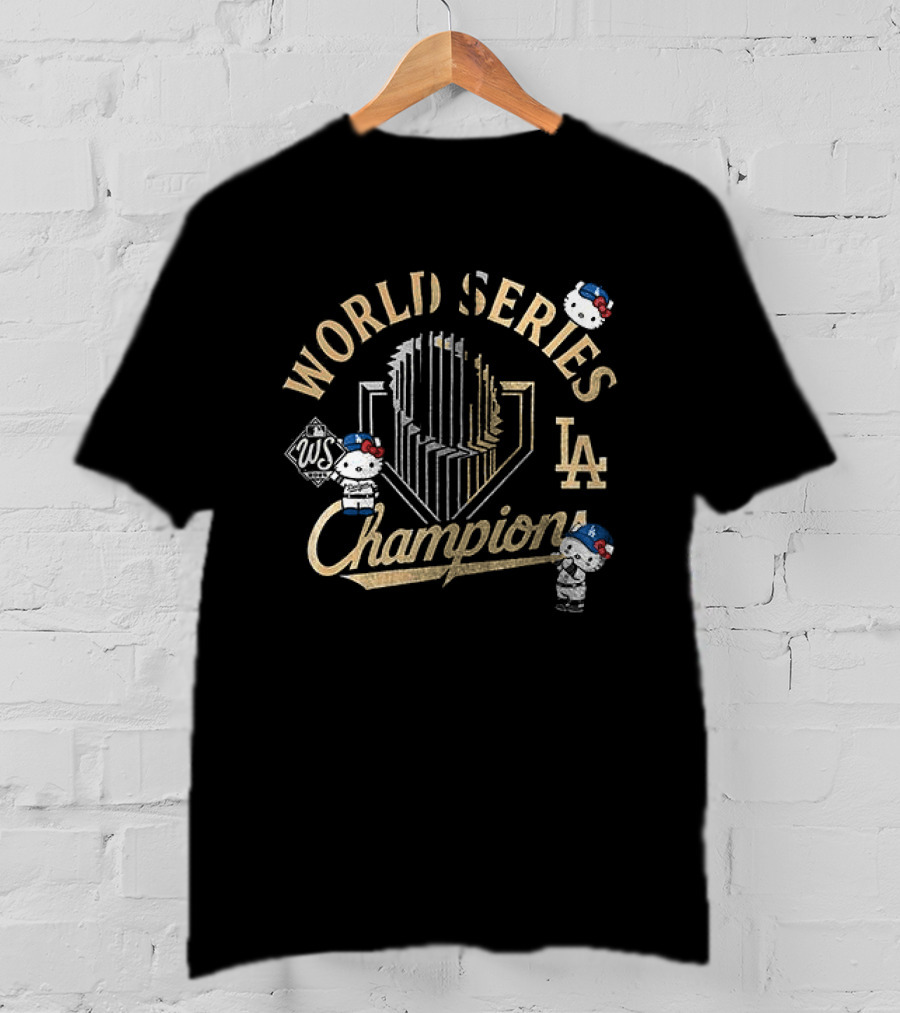 Los Angeles Dodgers World Series Champions Yoshinobu Yamamoto X Hello Kitty Golden Trophy T-Shirt