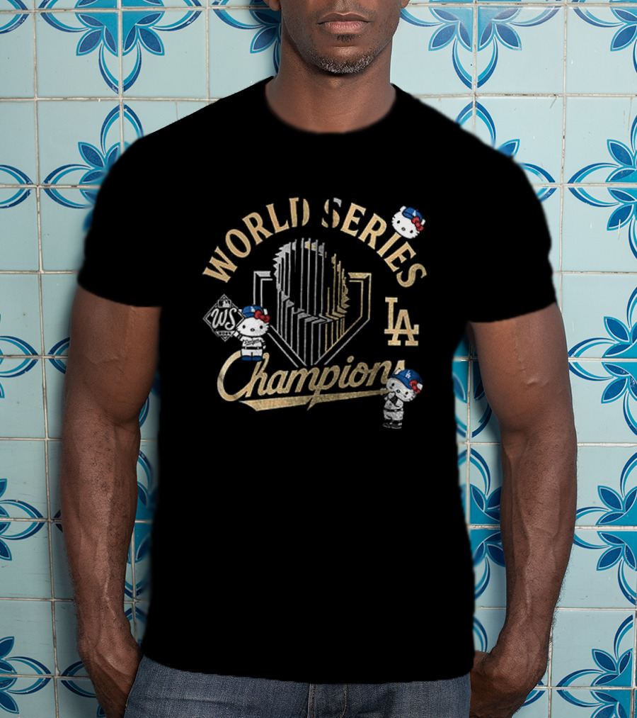 Los Angeles Dodgers World Series Champions Yoshinobu Yamamoto X Hello Kitty Golden Trophy T-Shirt