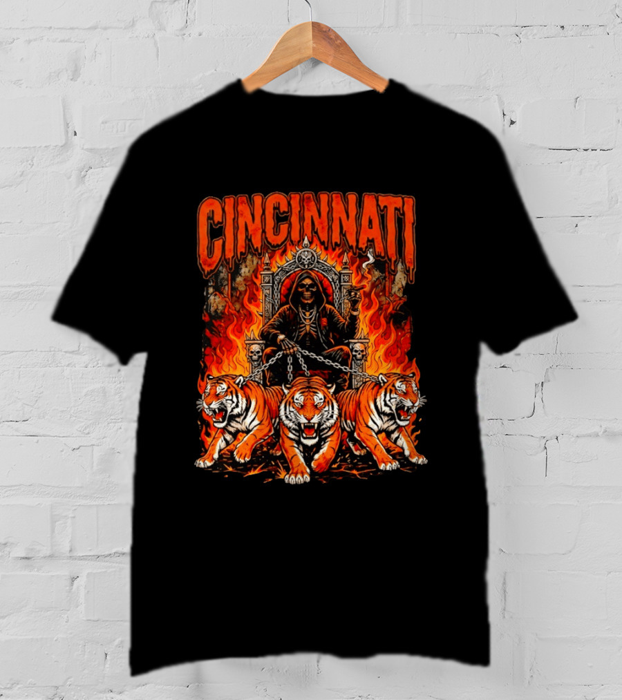 Cincinnati Skull Tiger Throne Fire Chains T-Shirt