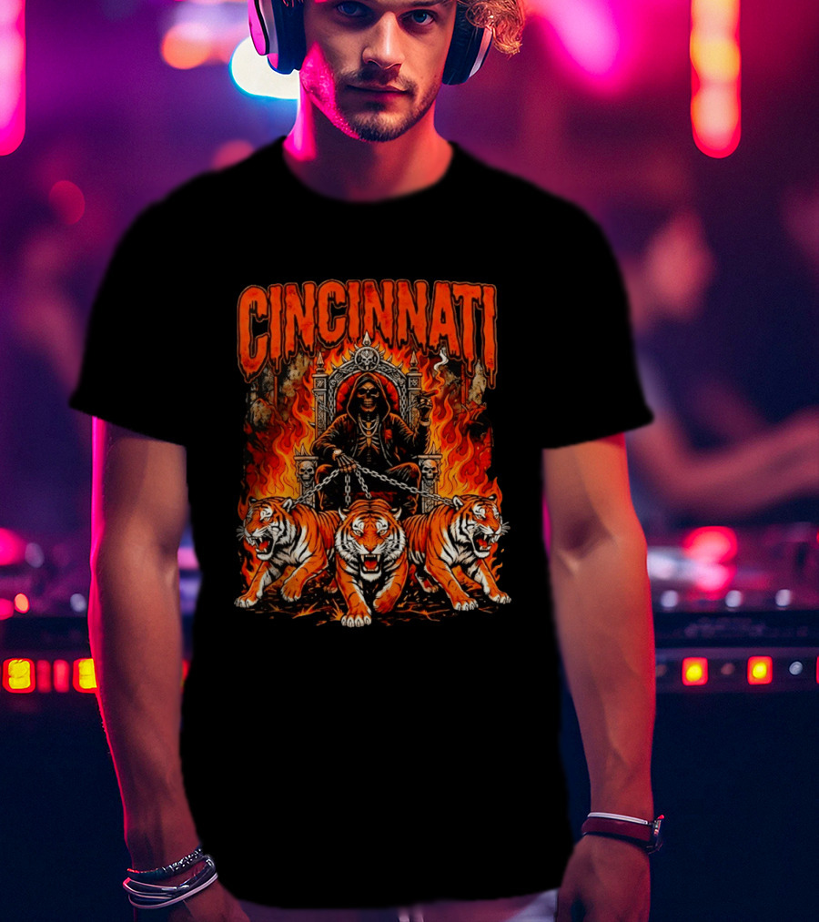 Cincinnati Skull Tiger Throne Fire Chains T-Shirt