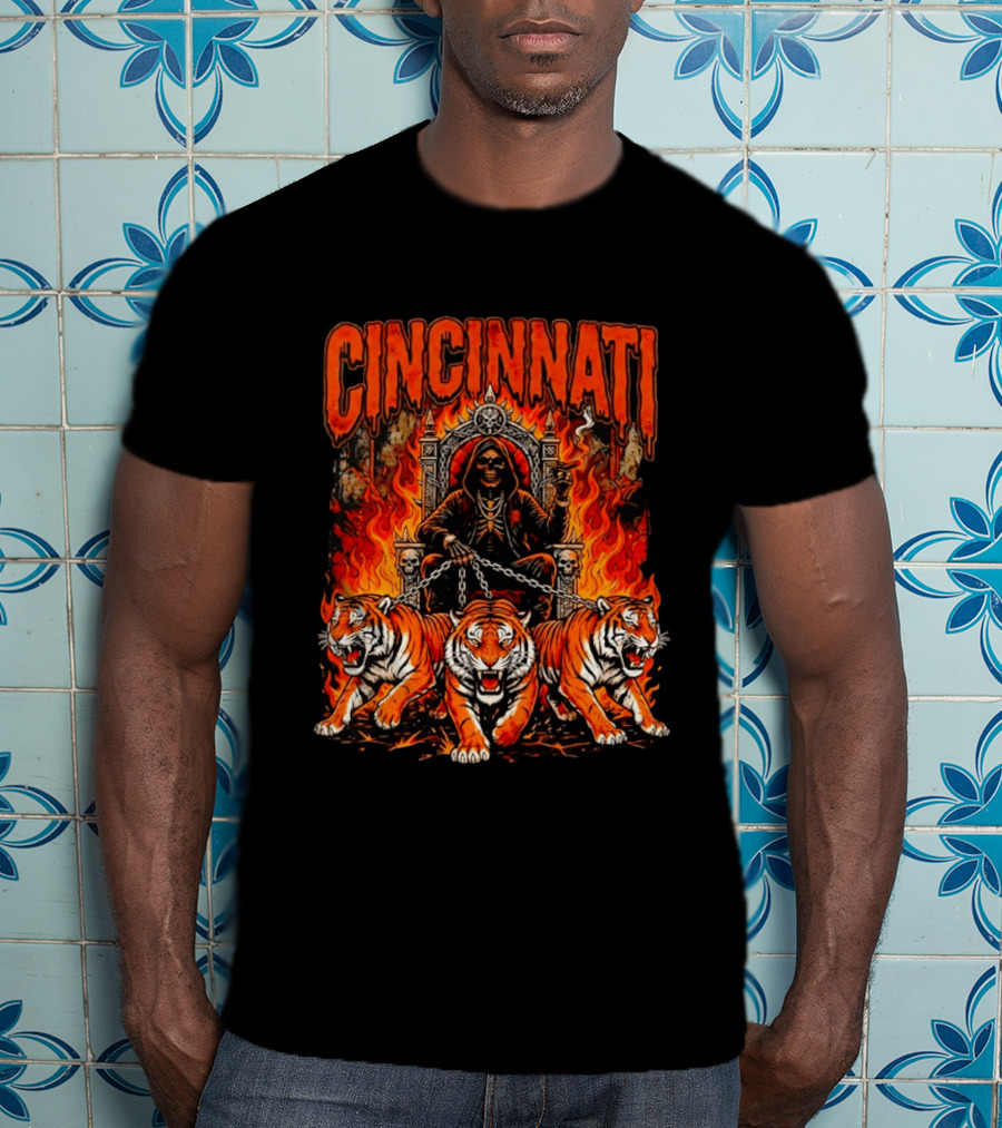 Cincinnati Skull Tiger Throne Fire Chains T-Shirt