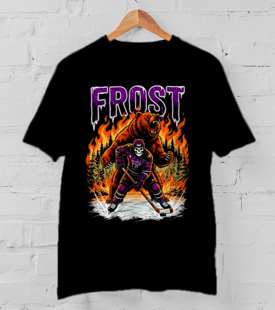 Frost Minnesota Hockey Skull Bear Flames Ice Rink T-Shirt