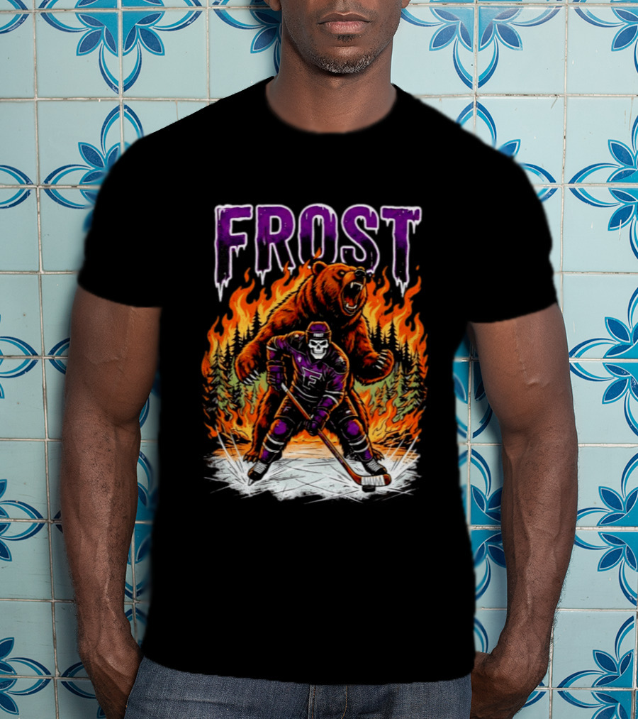 Frost Minnesota Hockey Skull Bear Flames Ice Rink T-Shirt