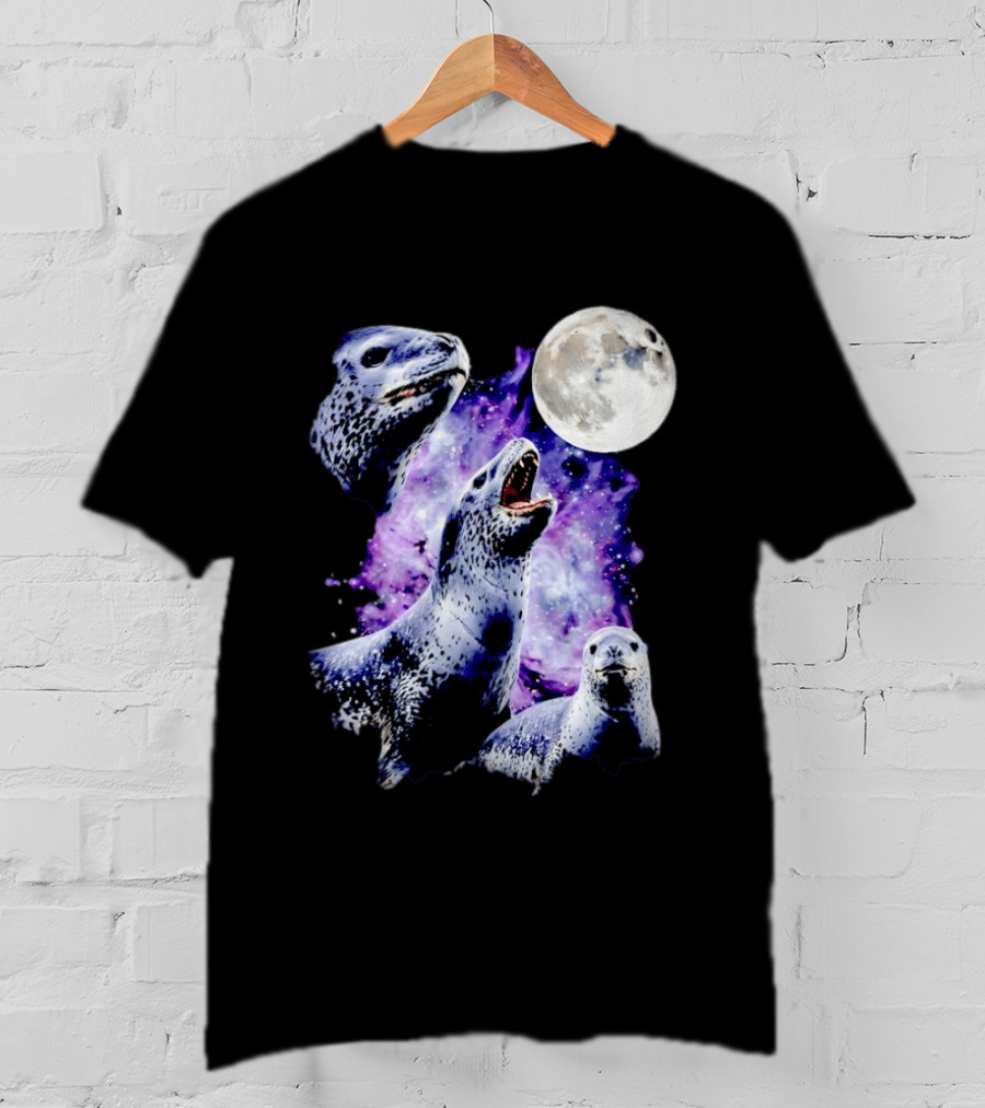 Three Leopard Seals Under Moonlight With Starry Purple Night Sky T-Shirt